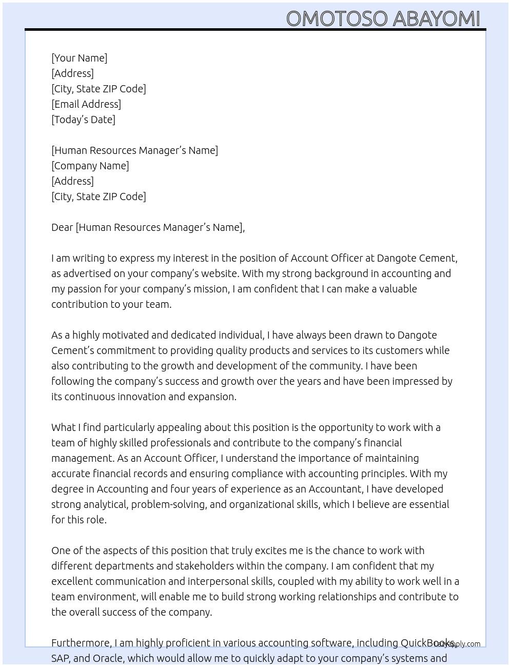 Account officer  At Dangote cement  Cover Letter