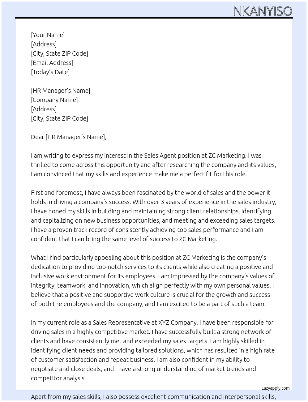 sales Agent At ZC Markerting Cover Letter