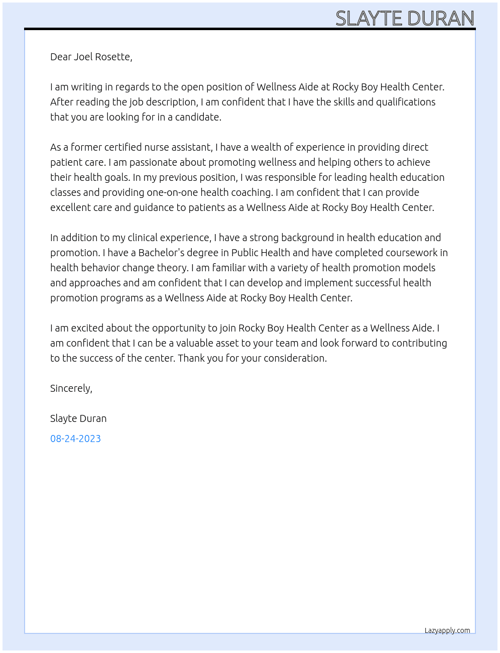 Wellness Aide At Rocky Boy Health Center Cover Letter