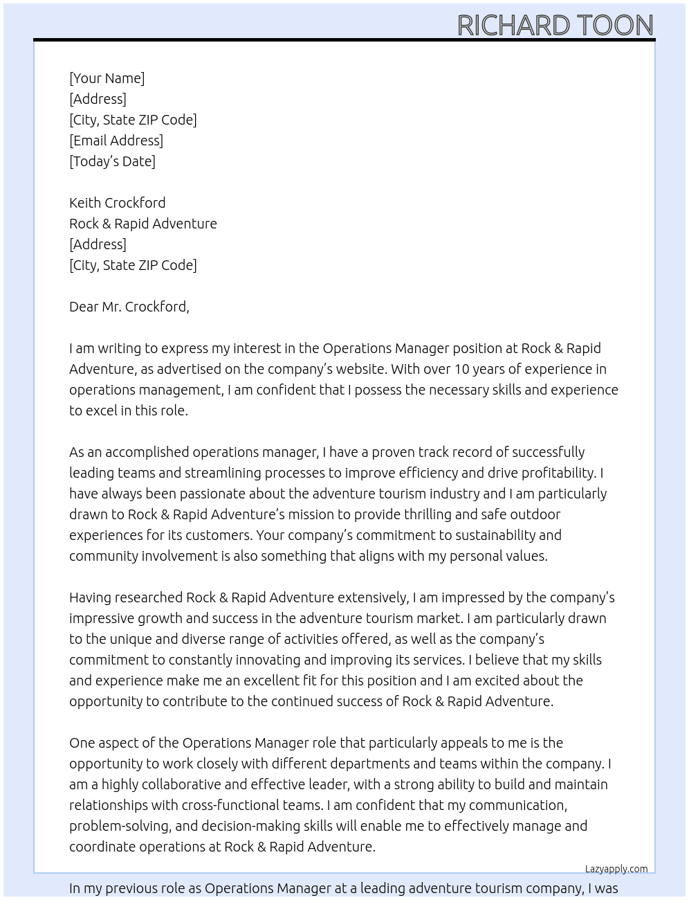 Operations Manager At Rock & Raoid Adventure Cover Letter