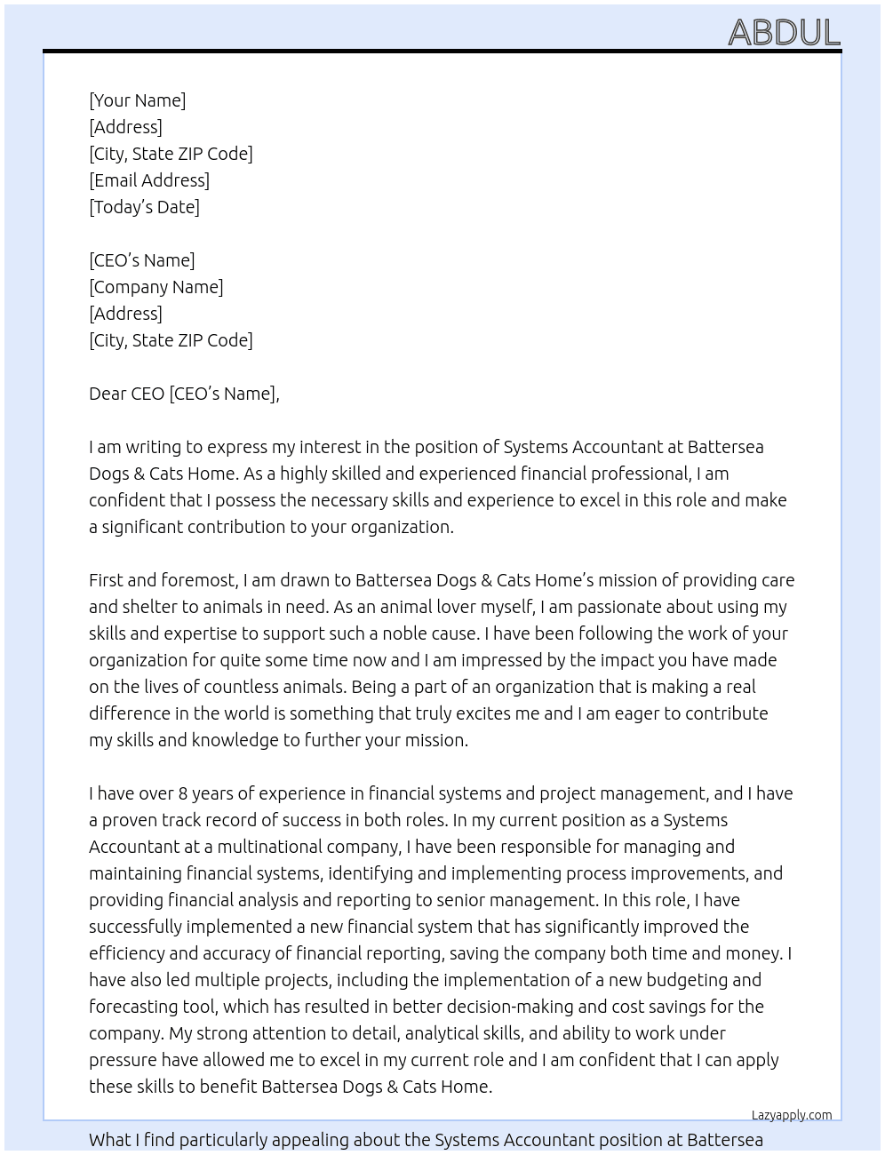 Systems Accountant At Battersea Dogs & Cats Home Cover Letter
