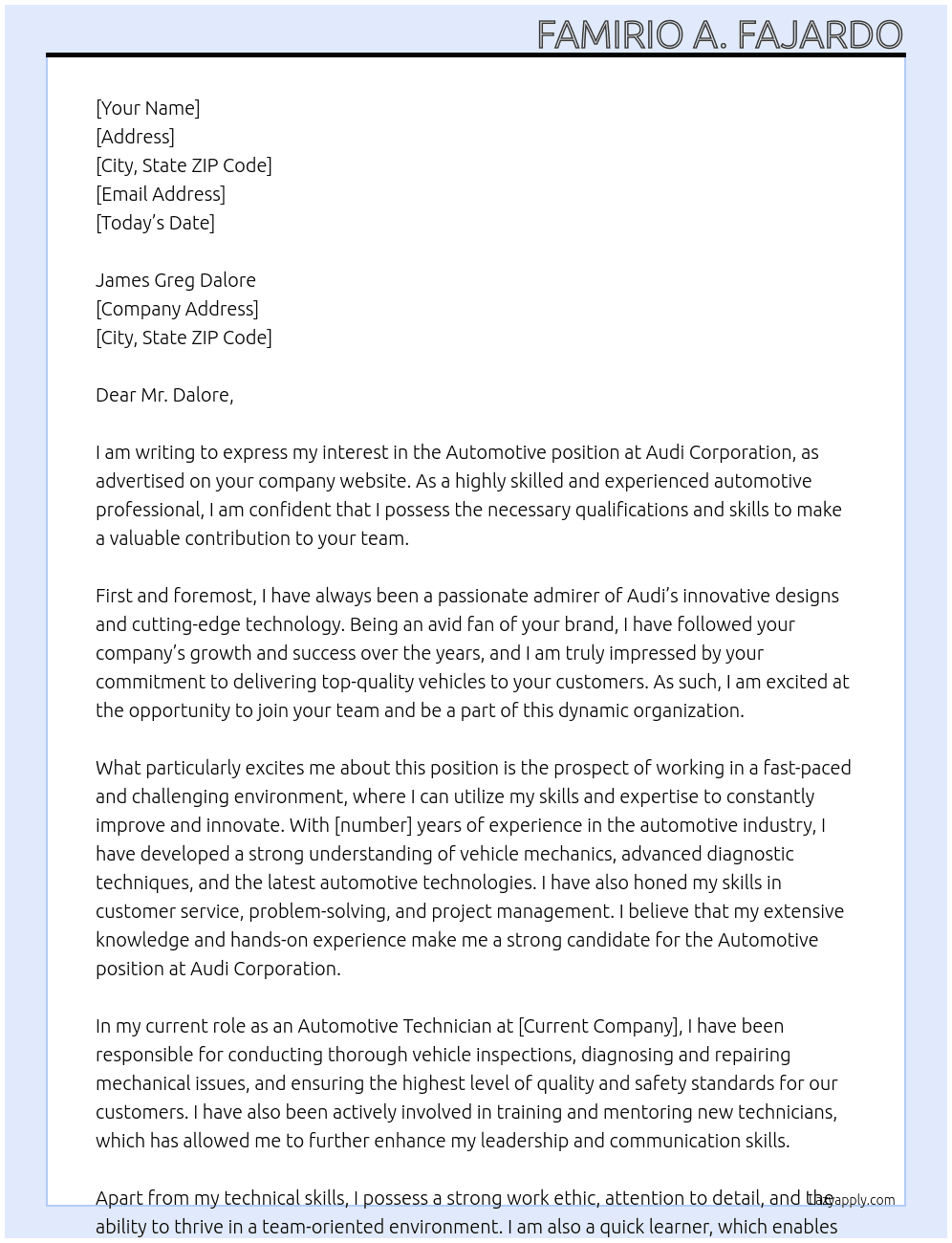 Automotive At Audi corporation  Cover Letter