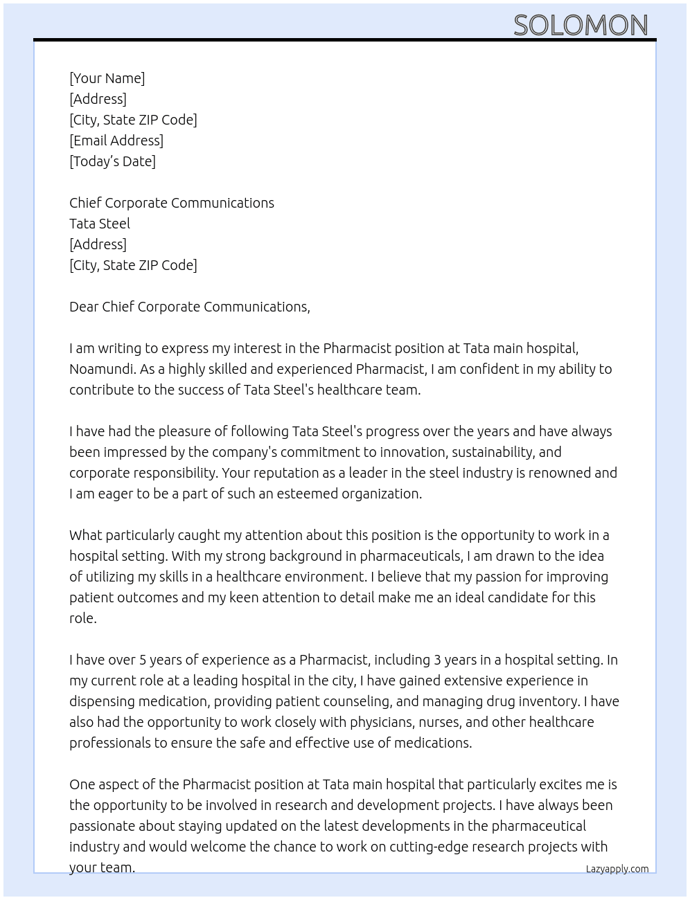 Pharmacist  At Tata main hospital, Noamundi. Cover Letter
