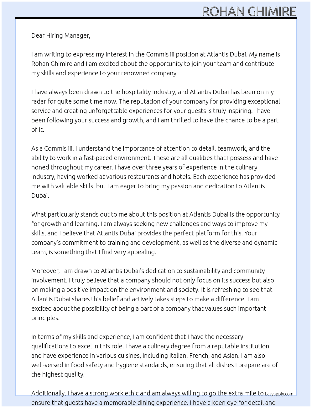 Commis iii At Atlantis Dubai Cover Letter