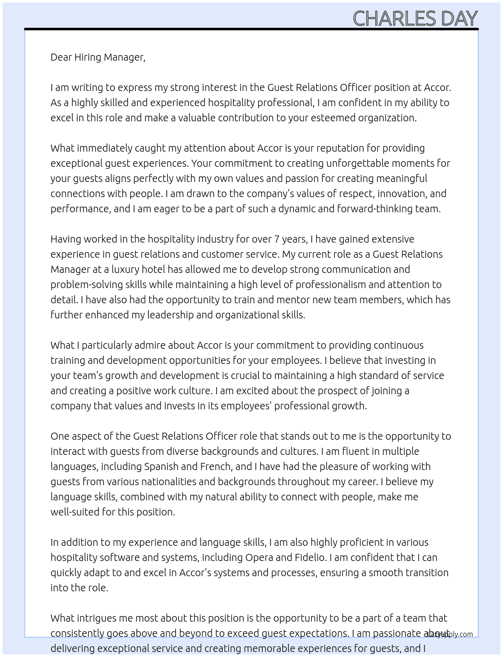 Guest Relations Officer At Accor  Cover Letter