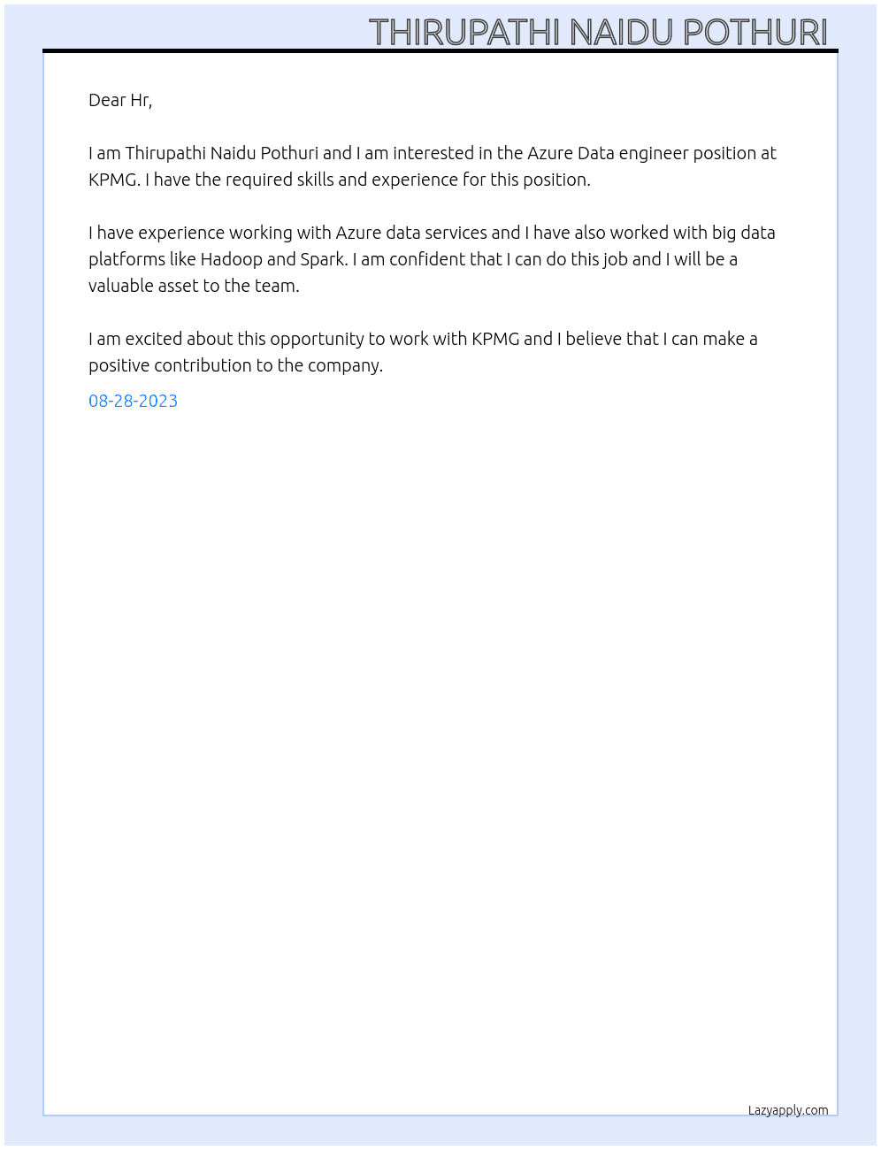 Azure Data engineer  At KPMG  Cover Letter