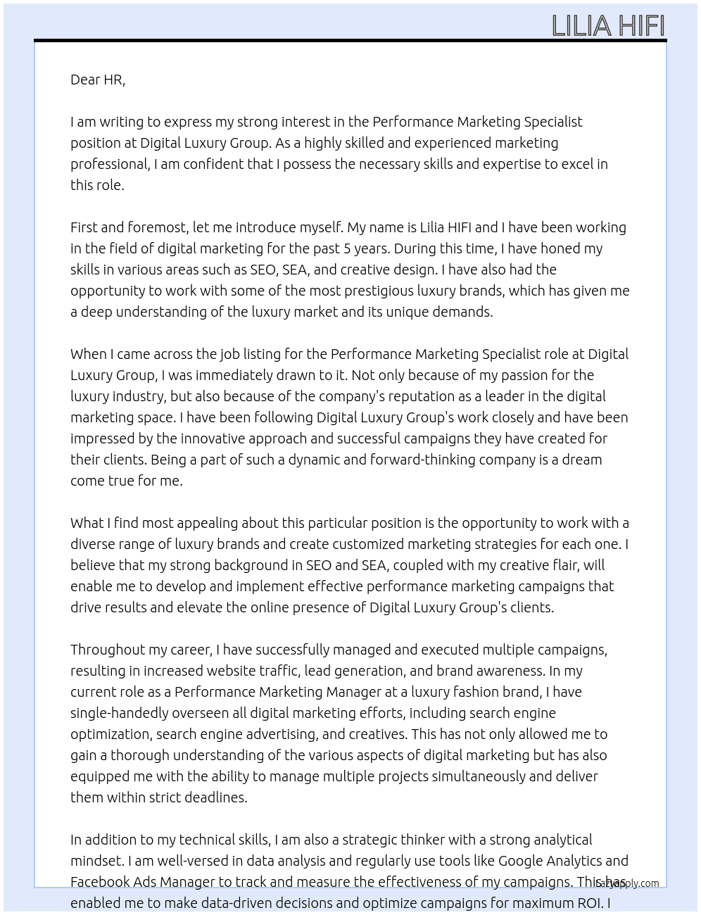 Performance Marketing Specialist At Digital Luxury Group Cover Letter