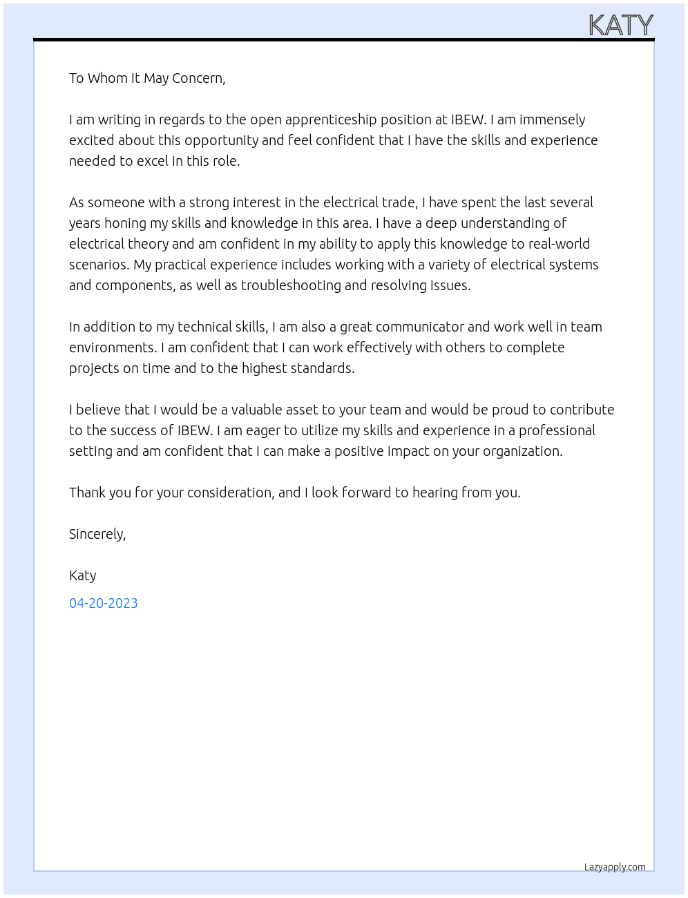Apprentice At IBEW Cover Letter