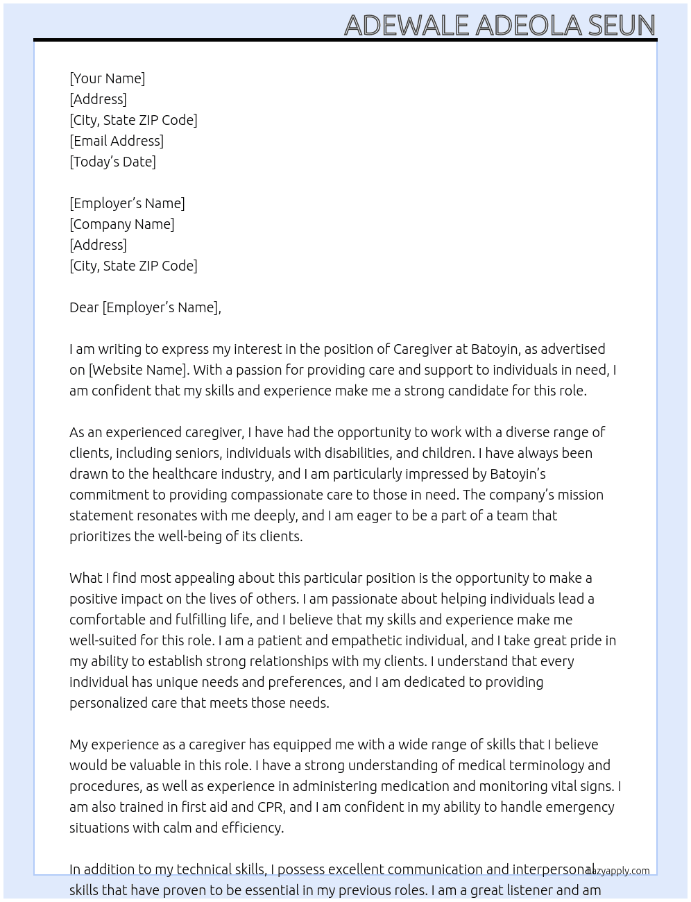 Caregiver  At Batoyin Cover Letter