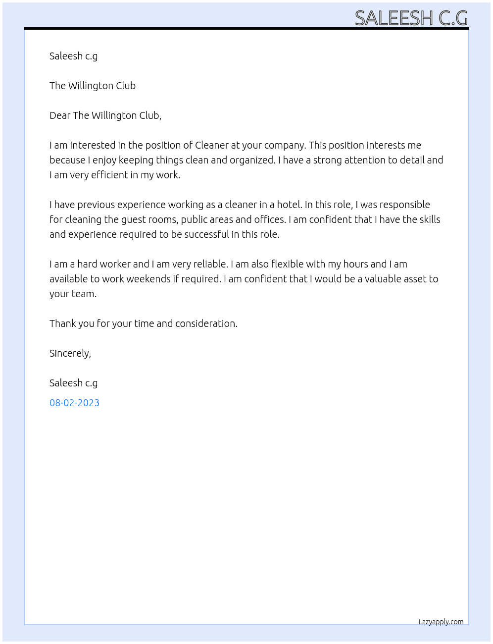 Cleaner At The Willington Club Cover Letter