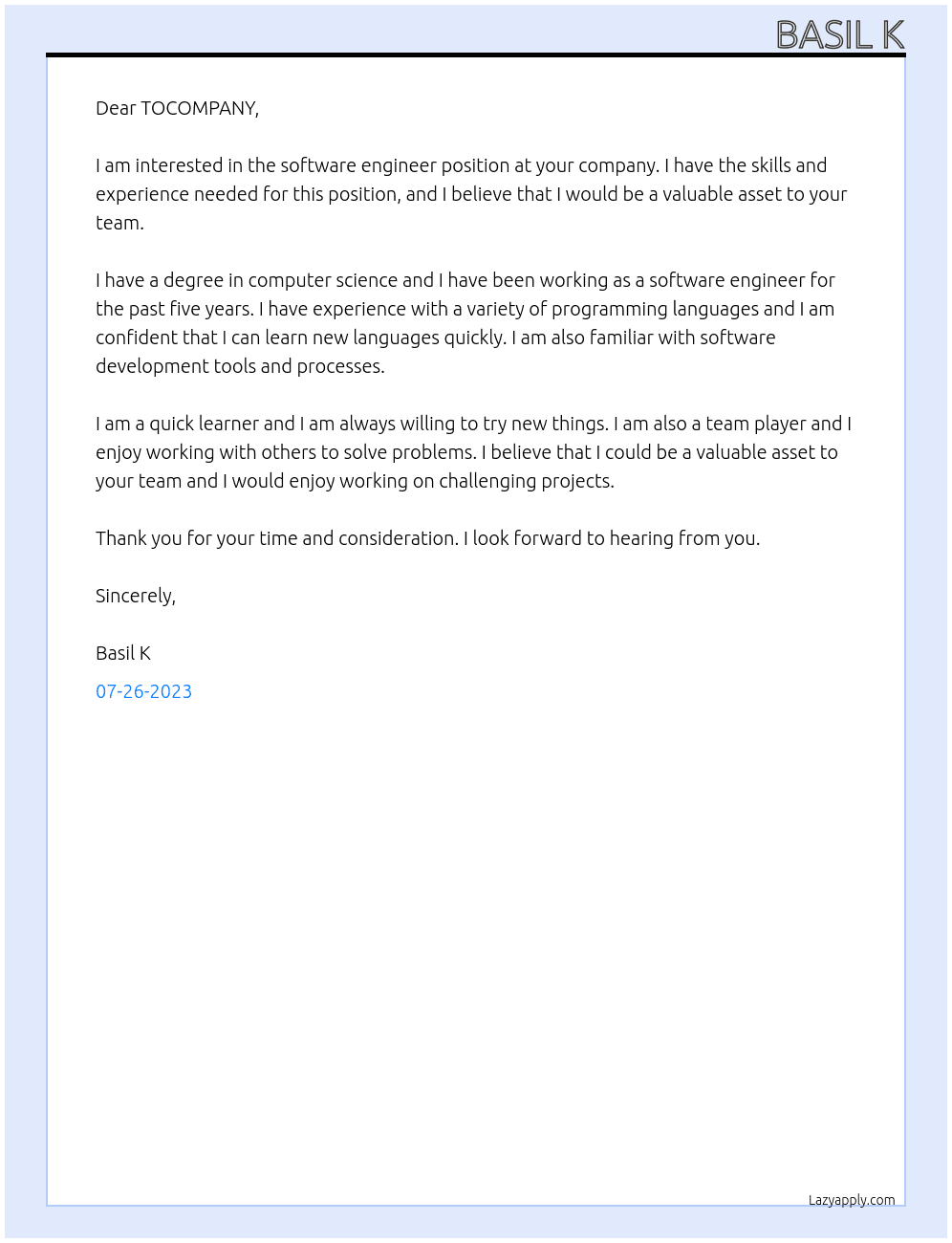 Software engineer  At TOCOMPANY Cover Letter