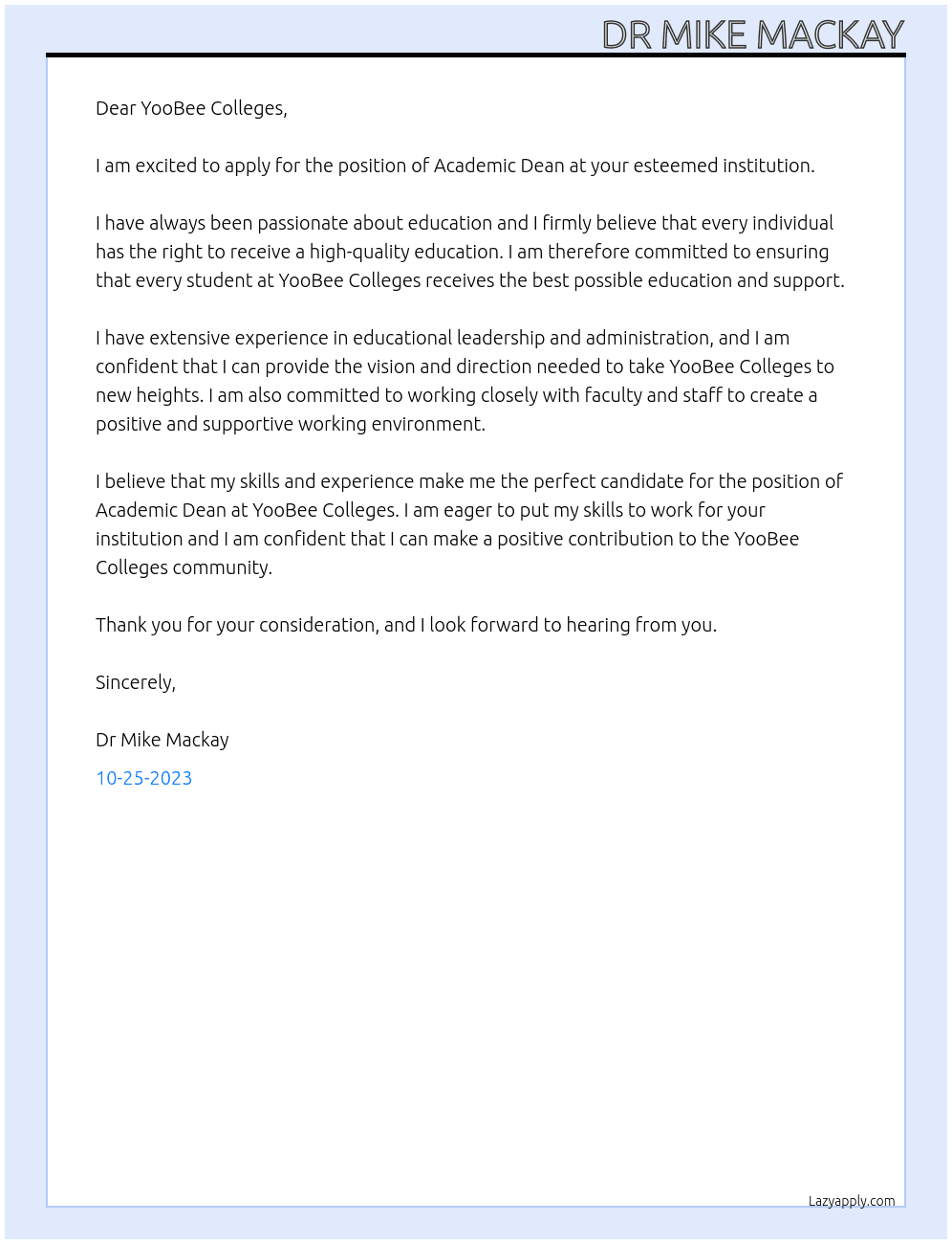 Academic Dean At YooBee Colleges Cover Letter