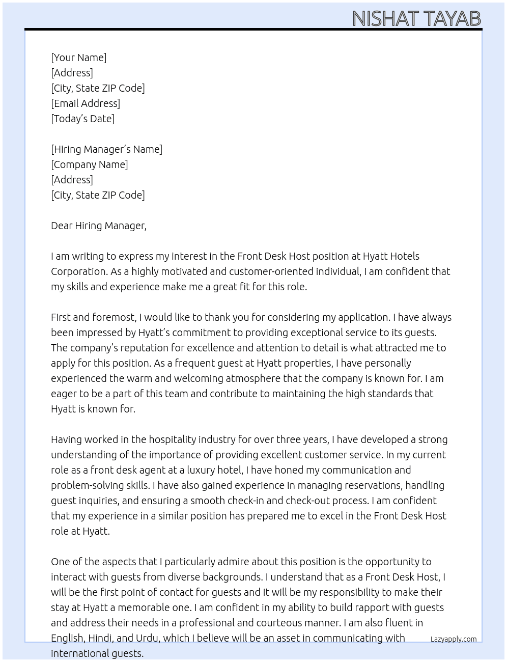 Front Desk Host At Hyatt Hotels Corporation  Cover Letter