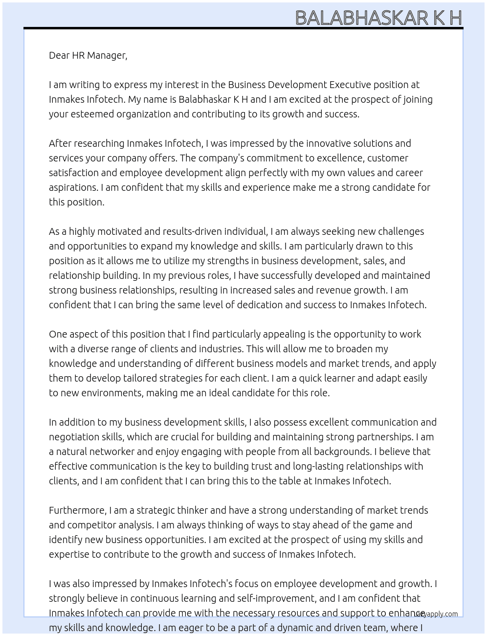 Business Development Executive  At Inmakes Infotech  Cover Letter