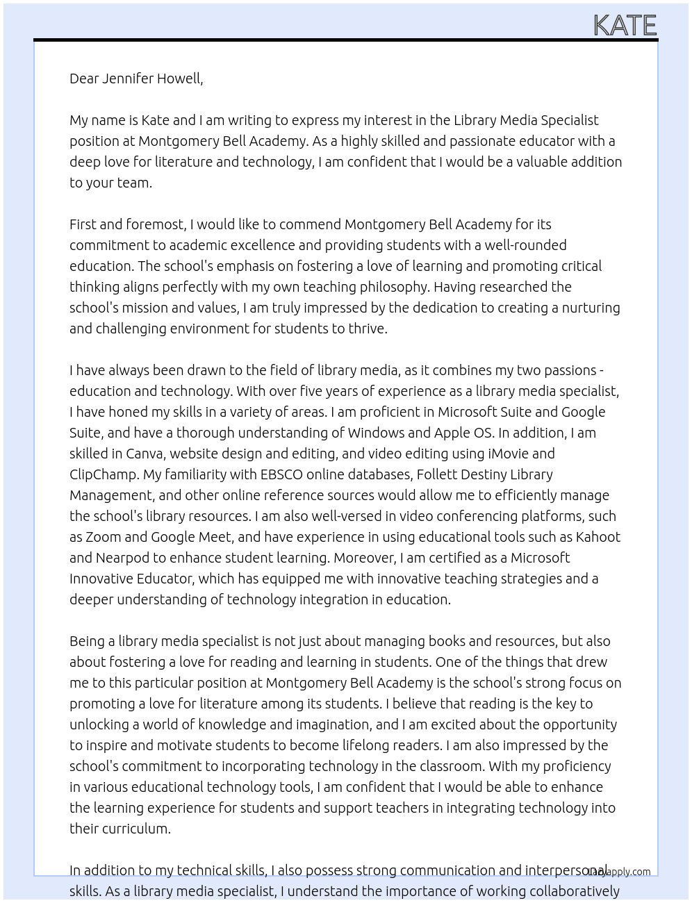 library media specialist At Montgomery Bell Academy Cover Letter