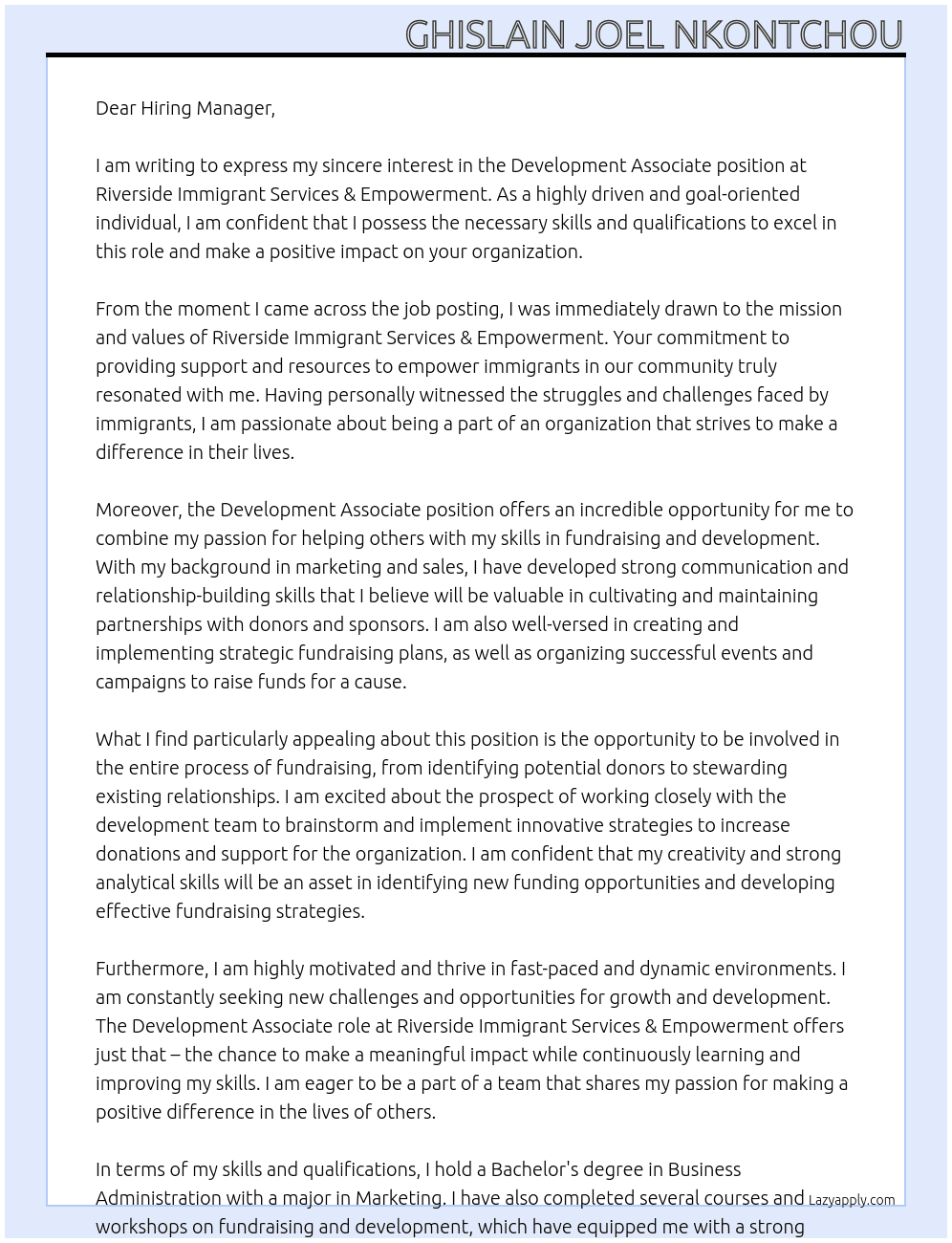 Development Associate At Riverside Immigrant Services & Empowerment Cover Letter