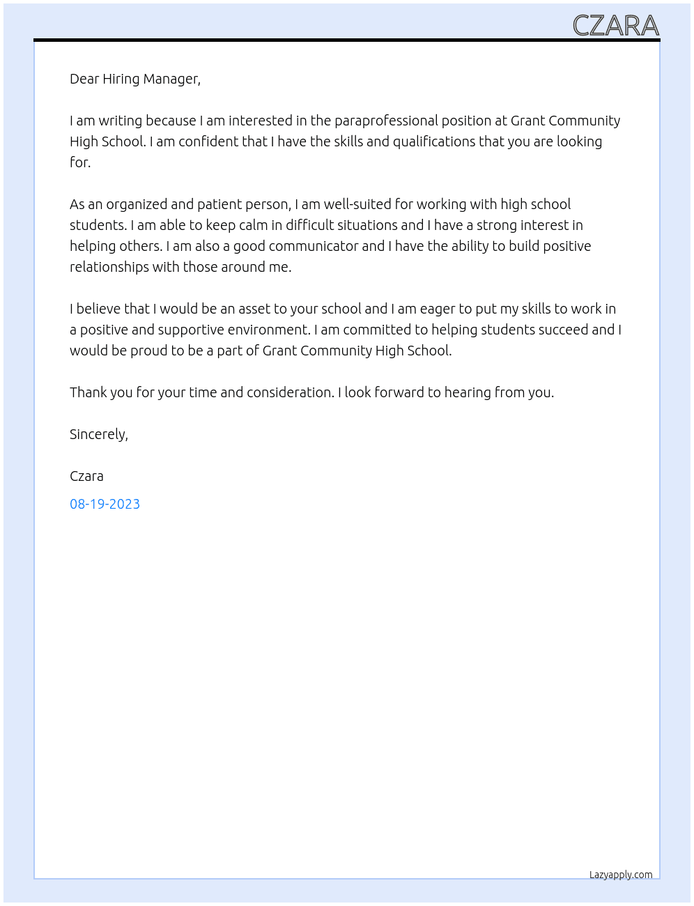 Paraprofessional At Grant Community High School Cover Letter