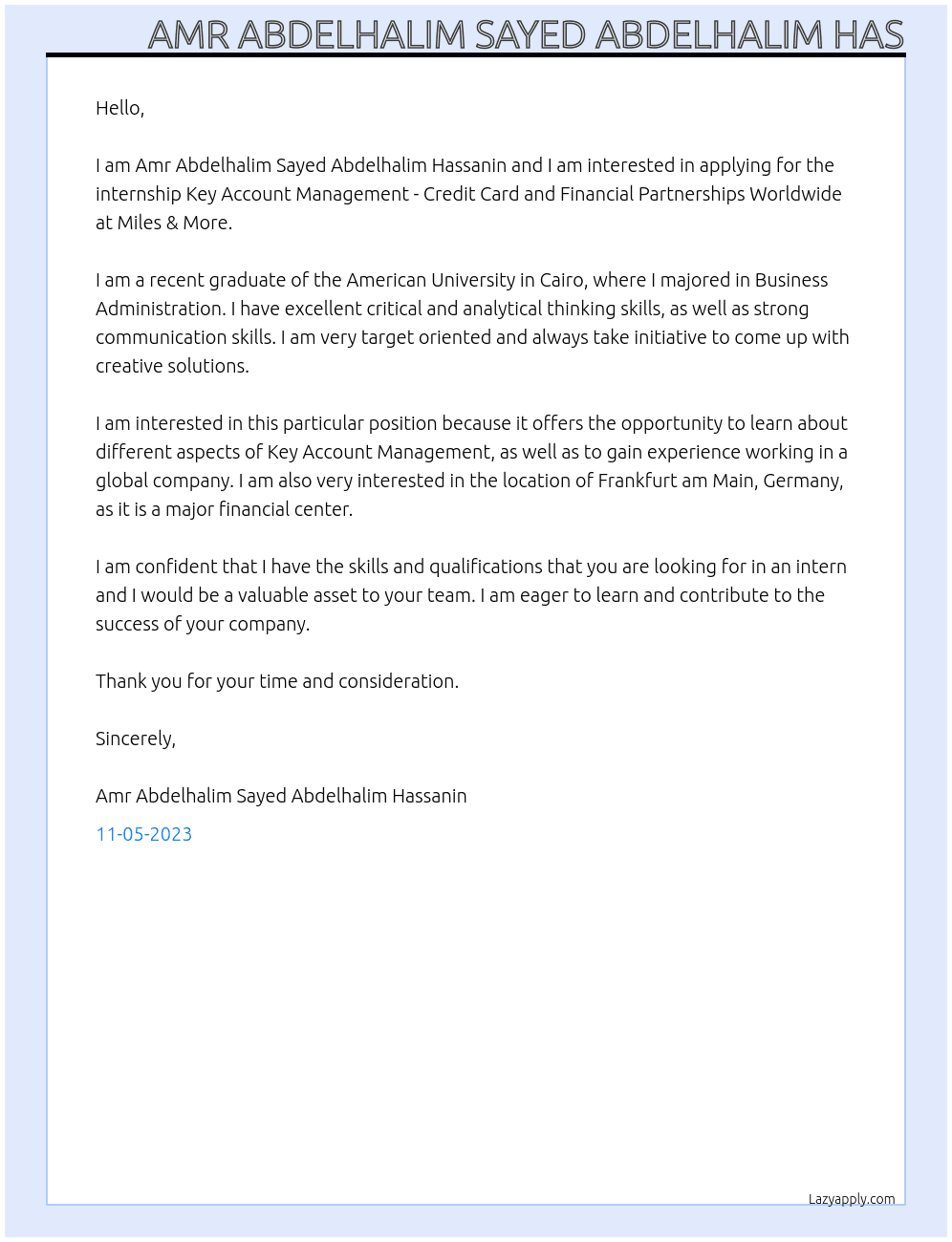 nternship Key Account Management - Credit Card and Financial Partnerships Worldwide At Miles & More Cover Letter
