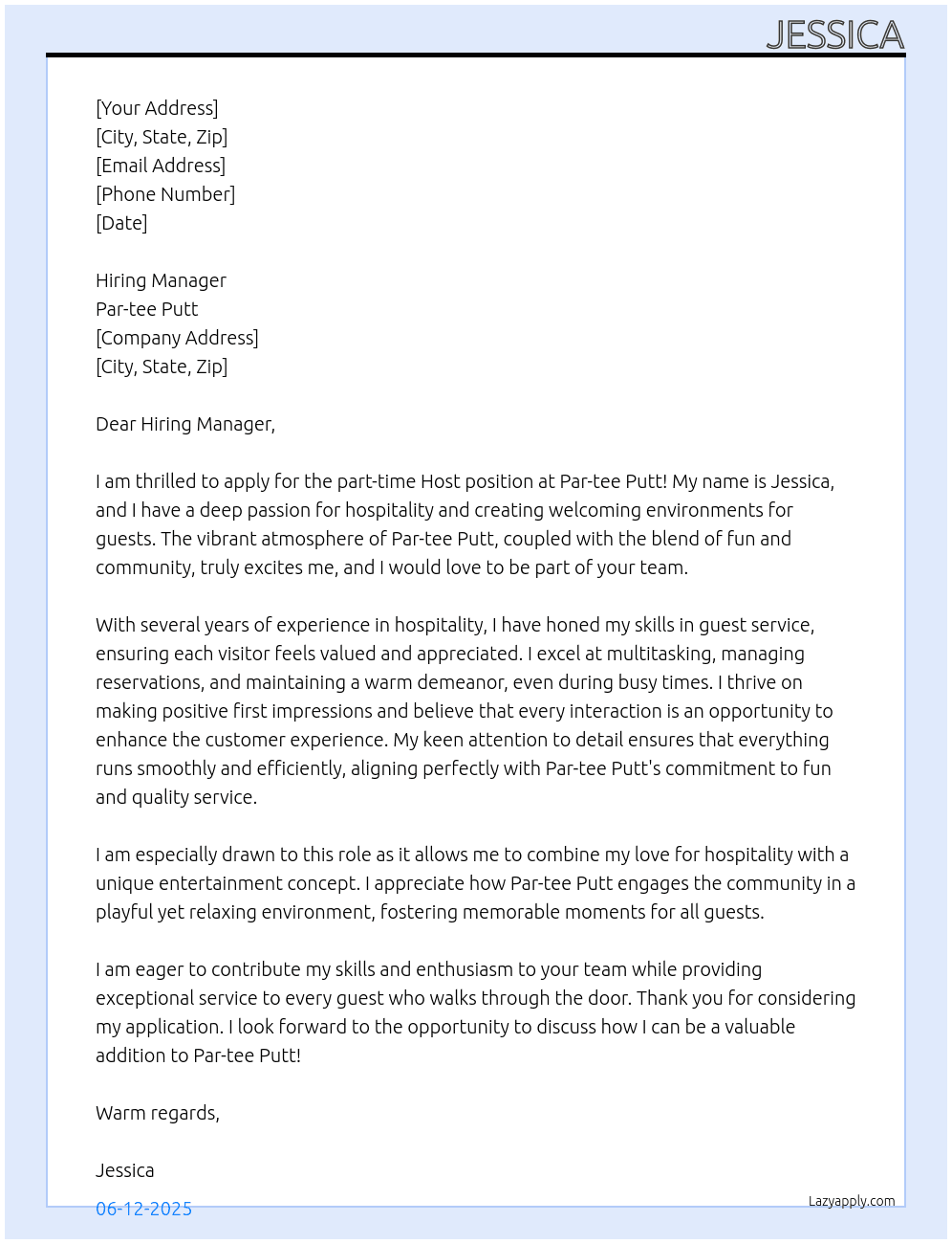 Host At Par-tee Putt Cover Letter