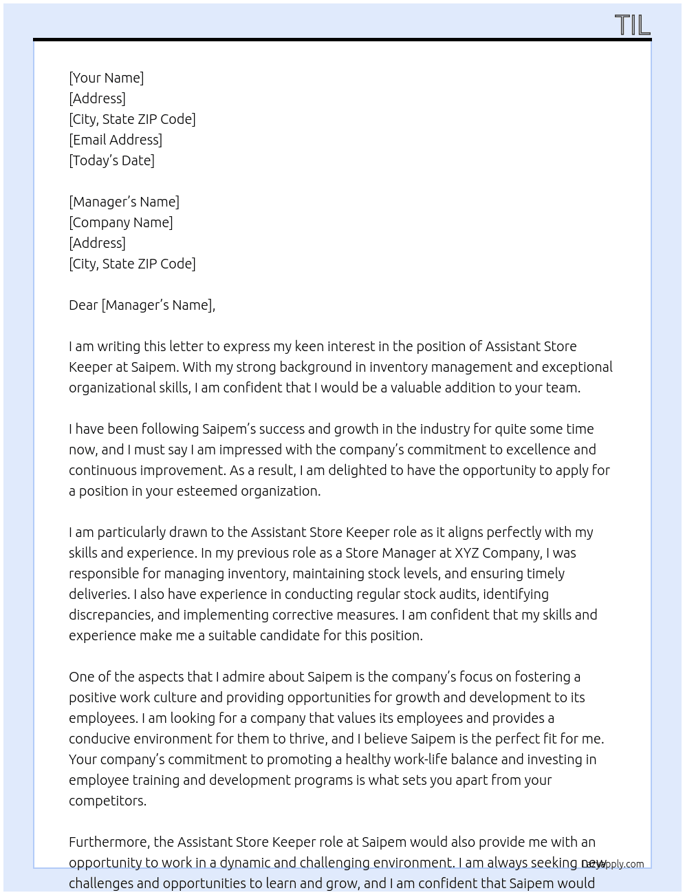 Assistant store keeper  At Saipem  Cover Letter