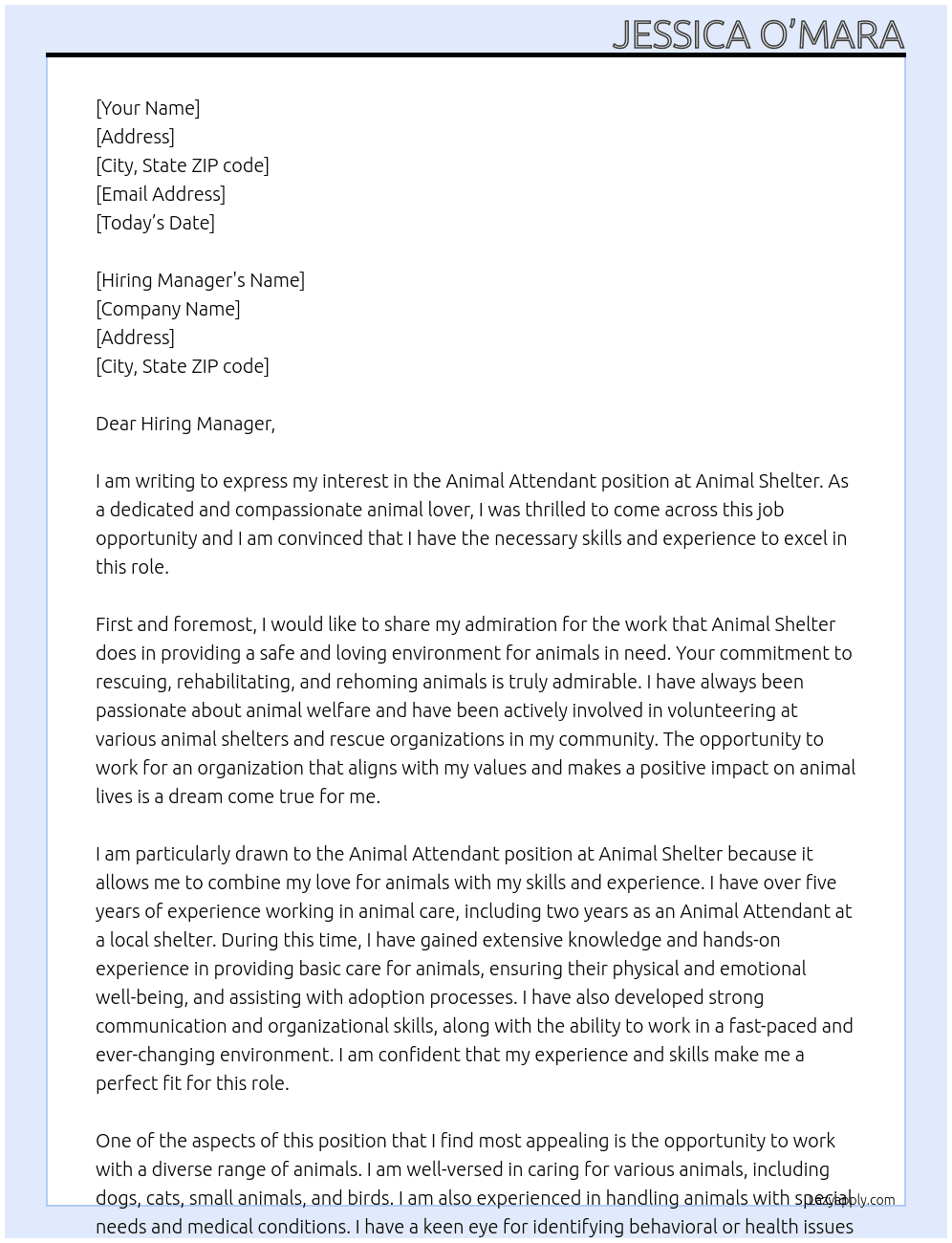 Animal Attendant  At Animal shelter Cover Letter