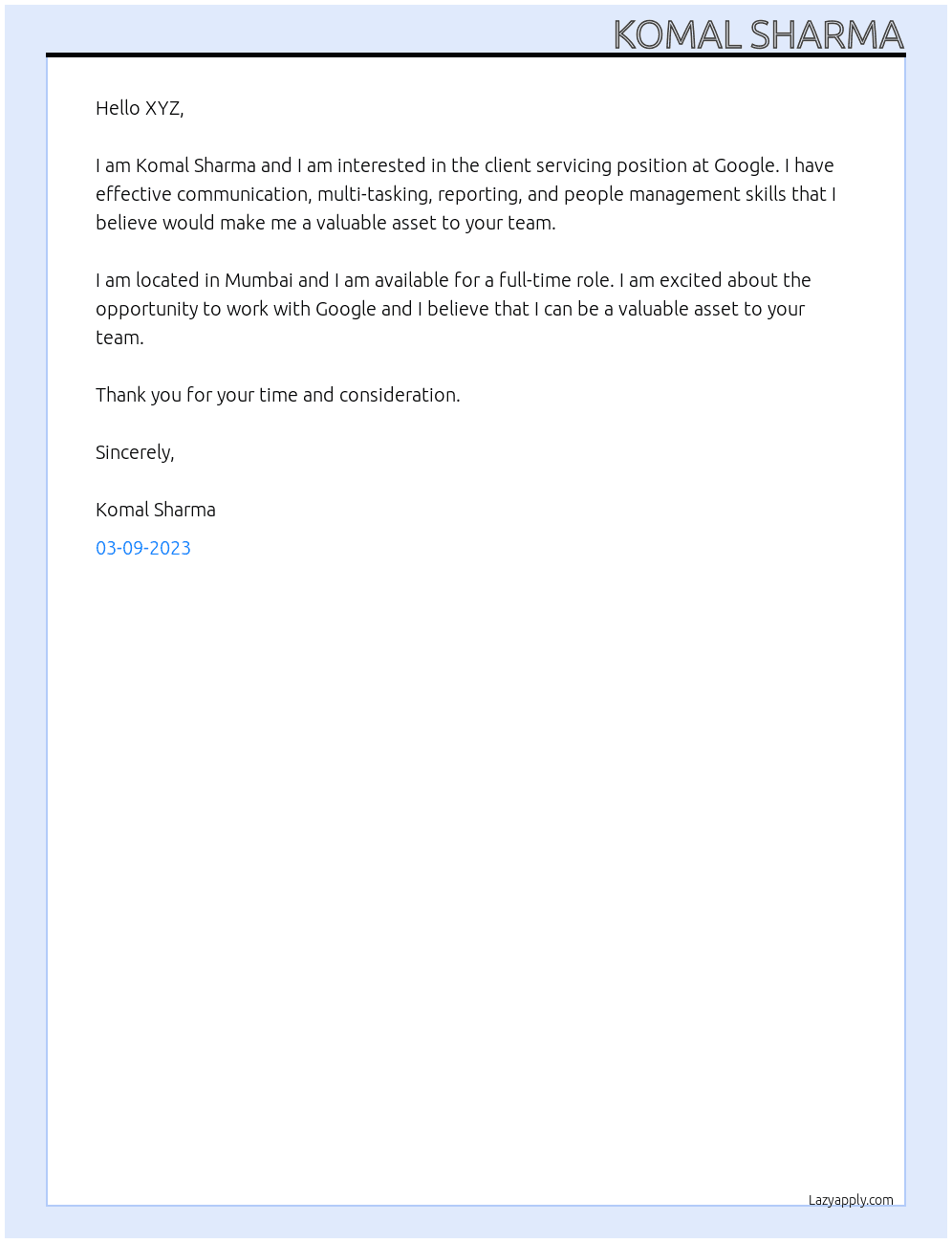 Client servicing At Google  Cover Letter