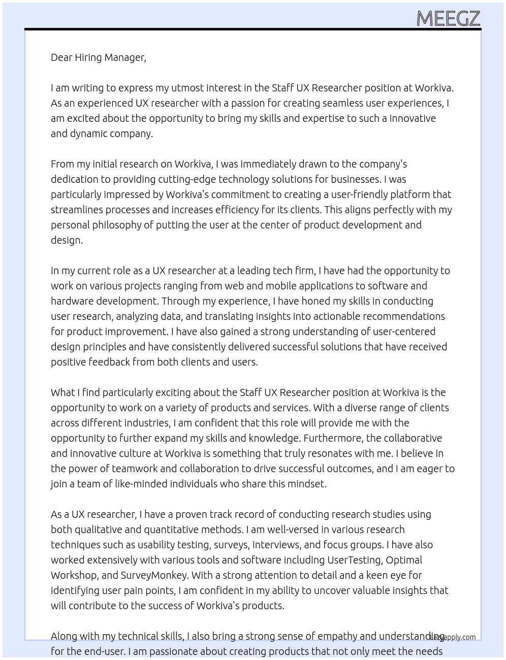 Staff UX researcher At Workiva Cover Letter