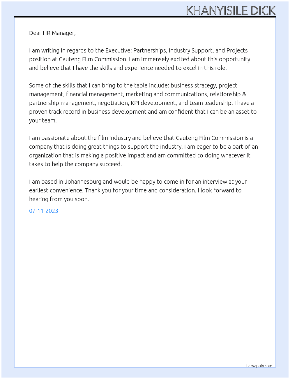 Executive: Partnerships, Industry Support, and Projects At Gauteng Film Commission Cover Letter
