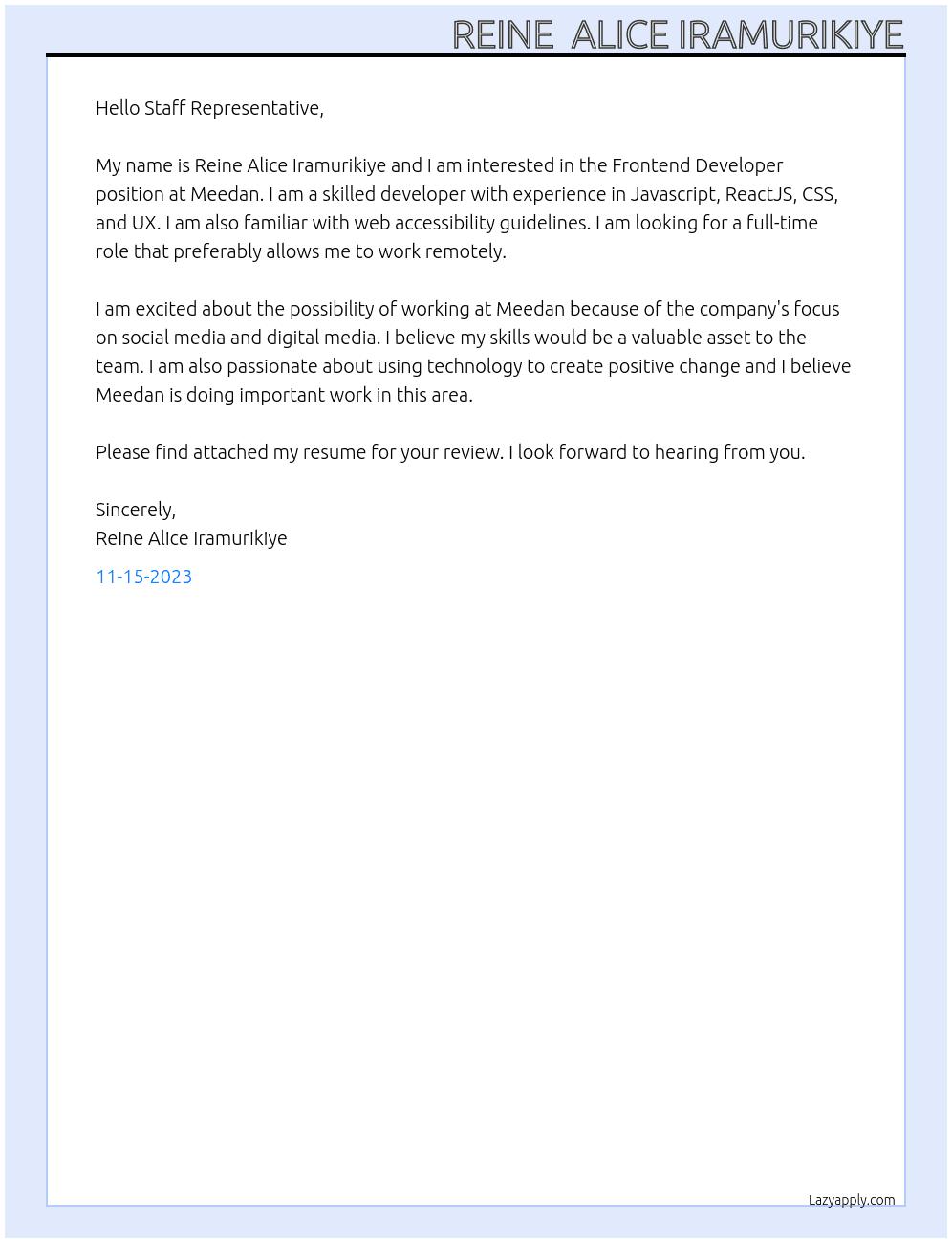 Frontend Developer At Meedan Cover Letter
