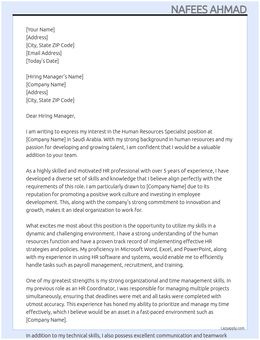 HUMAN RESOURCES SPECIALIST At SAUDI ARABIA Cover Letter