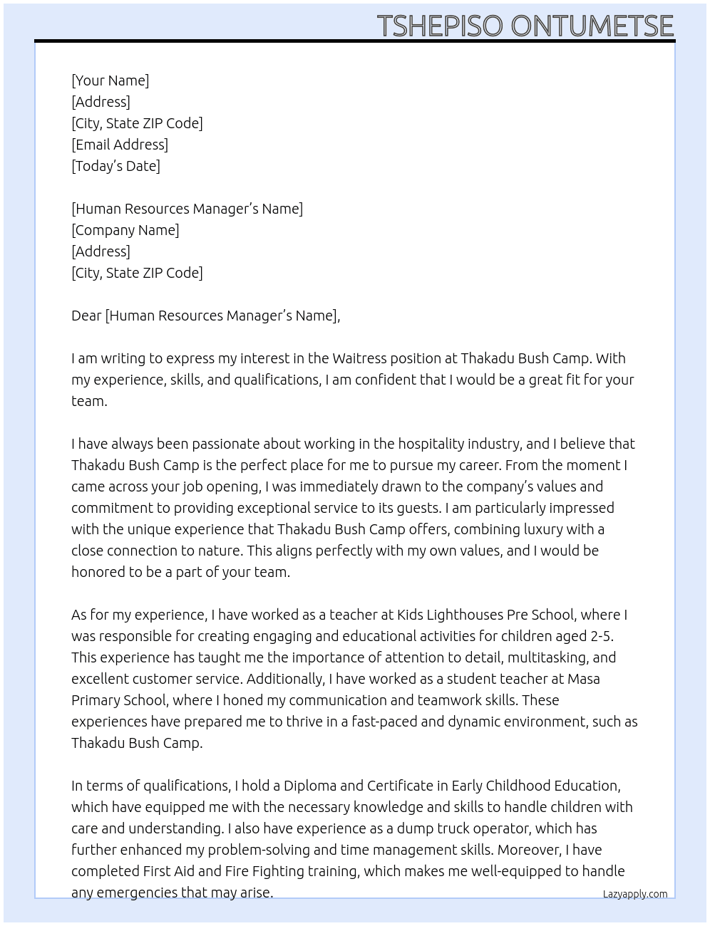 Waitress  At Thakadu Bush Camp Cover Letter