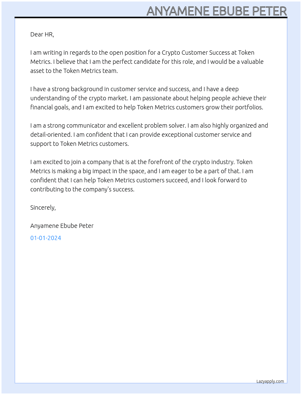  CRYPTO CUSTOMER SUCCESS At TOKEN METRICS Cover Letter