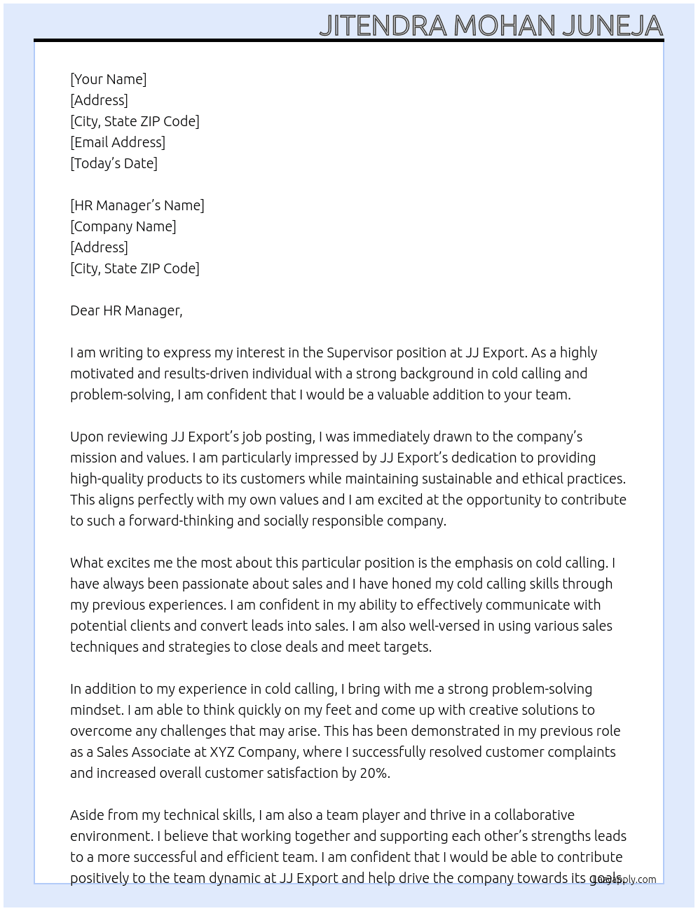 SUPERVISOR  At JJ EXPORT  Cover Letter