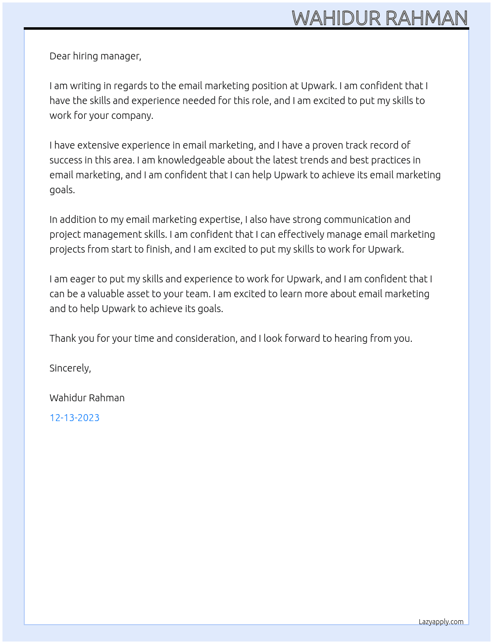 Email markating At Upwark  Cover Letter