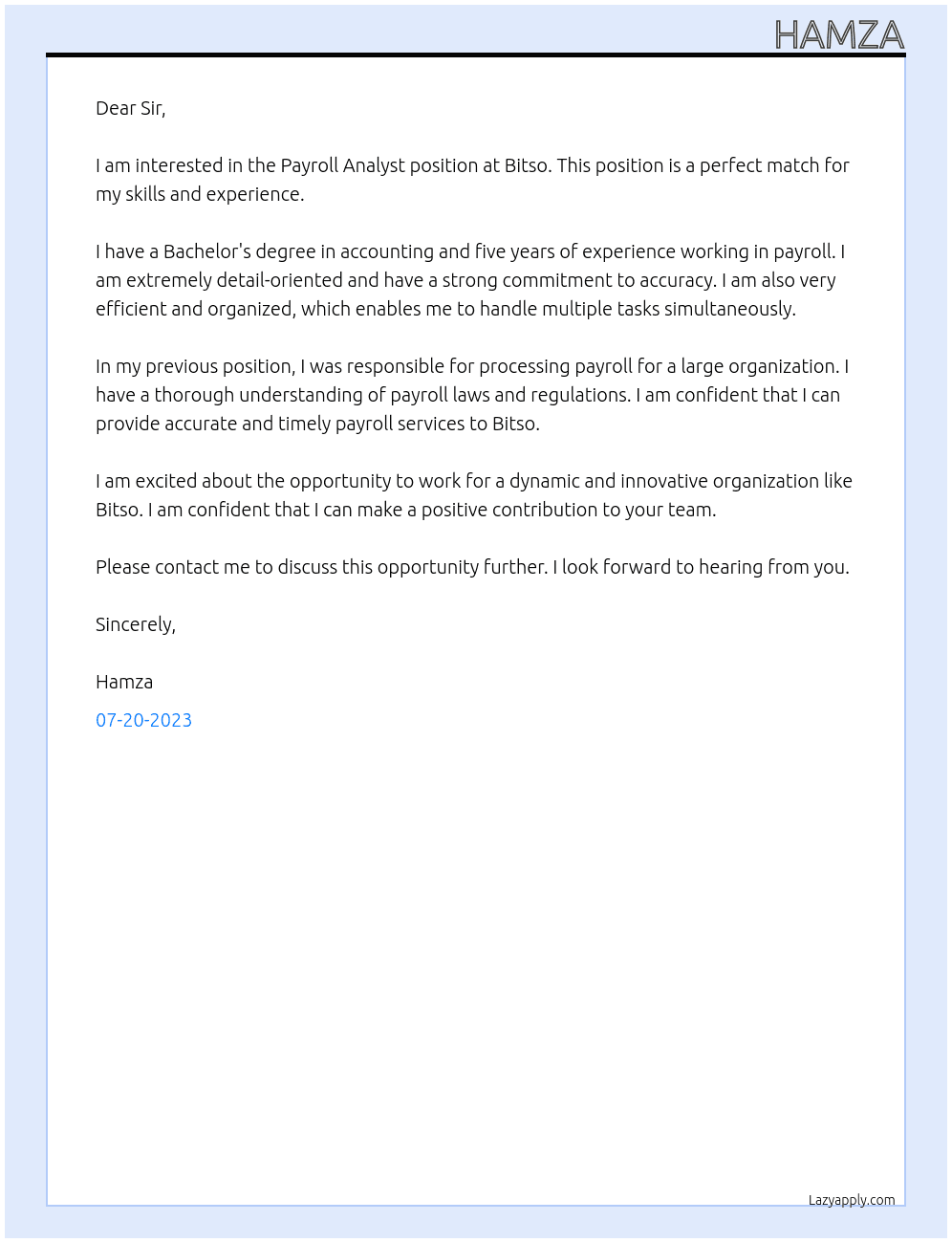 Pay roll analyst At Bitso Cover Letter