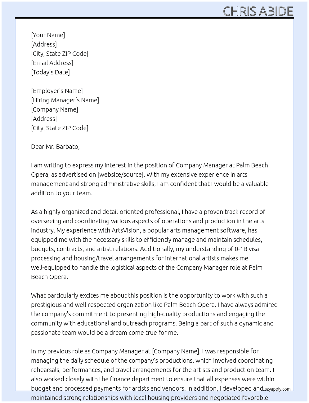 Company Manager At Palm Beach Opera Cover Letter