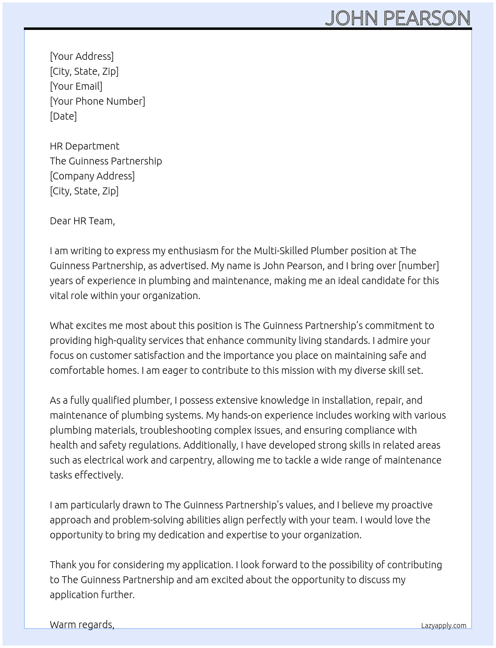 multi skilled plumber  At the guinness partnesship Cover Letter
