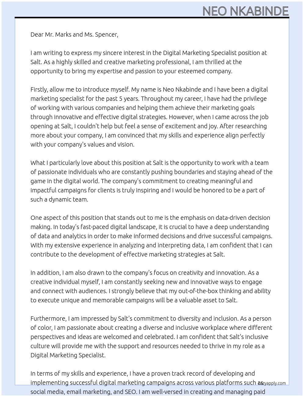 Digital Marketing Specialist At salt Cover Letter