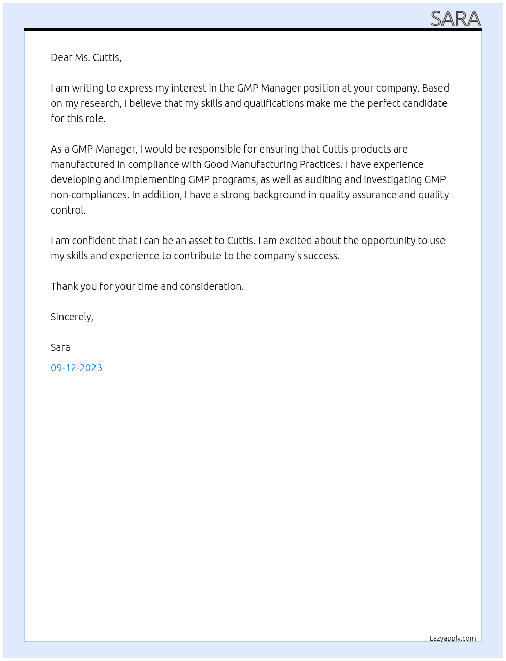 GMP Manager At Cuttis Cover Letter