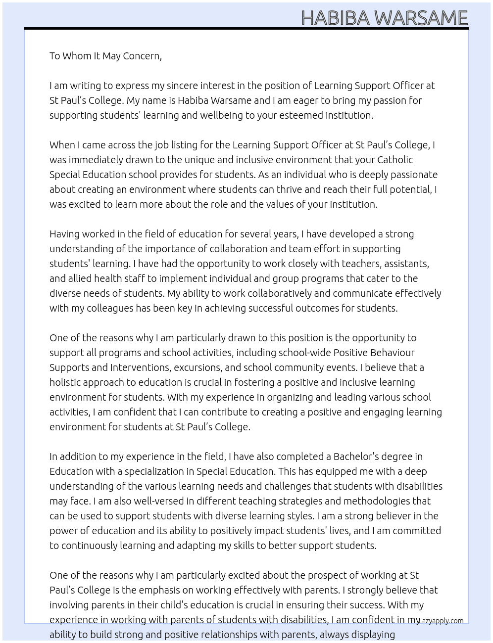 Learning Support Officer At St Paul’s College is a Catholic Special Education Cover Letter