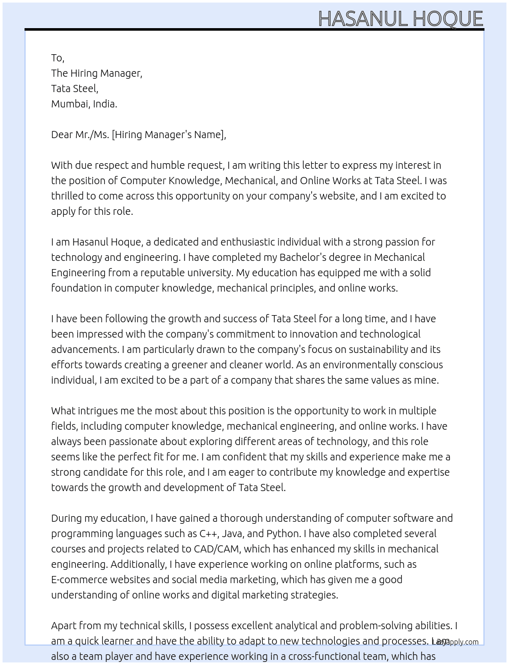 Cover letter for computer knowledge,mechanical,online works,etc. - LazyApply