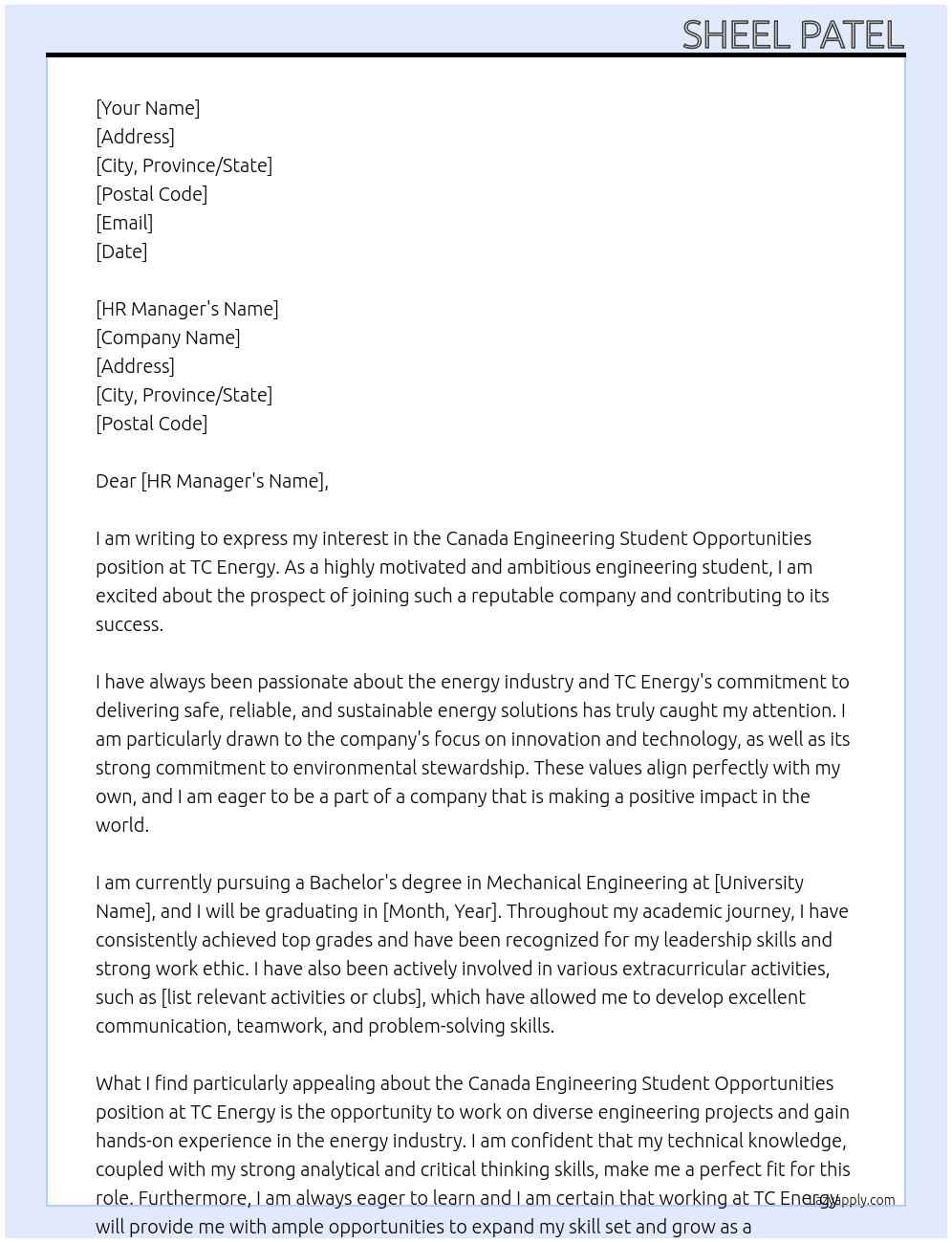 Canada Engineering Student Opportunities At TC Energy Cover Letter