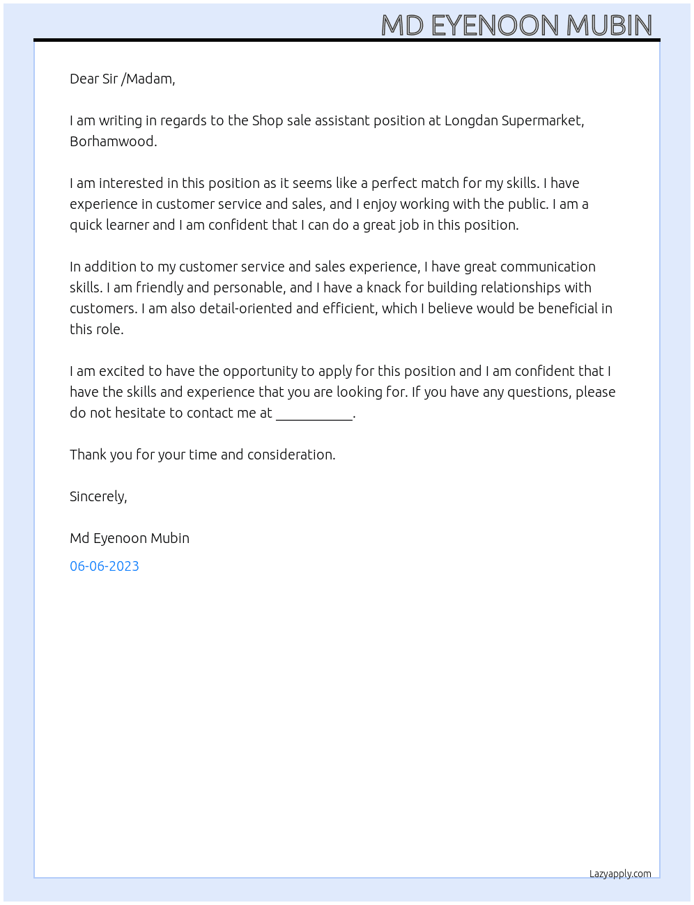 Shop sale assistant  At Longdan Supermarket, Borhamwood Cover Letter
