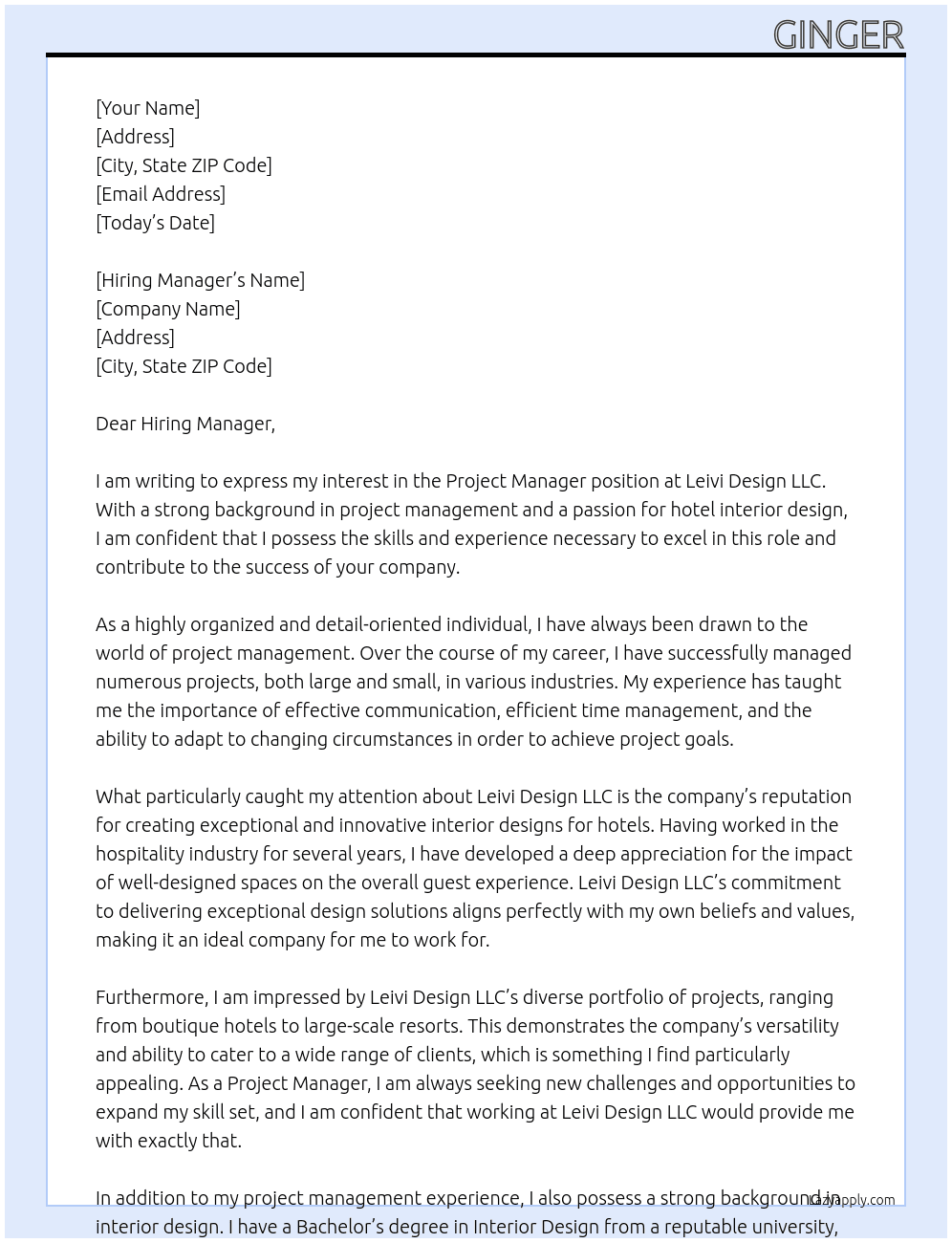 Project Manager -- Hotel Interior Design At Leivi  Design LLC Cover Letter