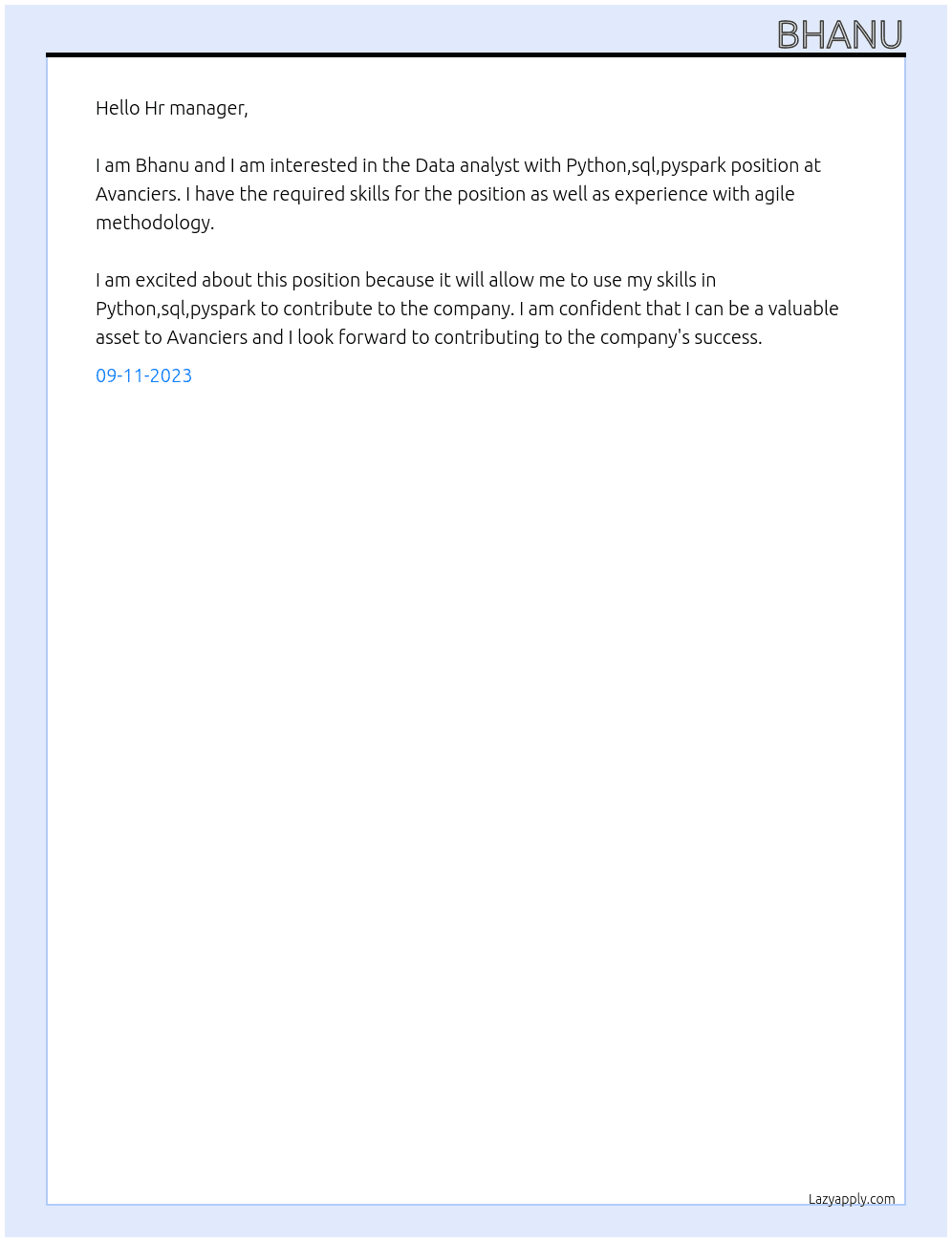 Data analyst with Python,sql,pyspark At Avanciers Cover Letter