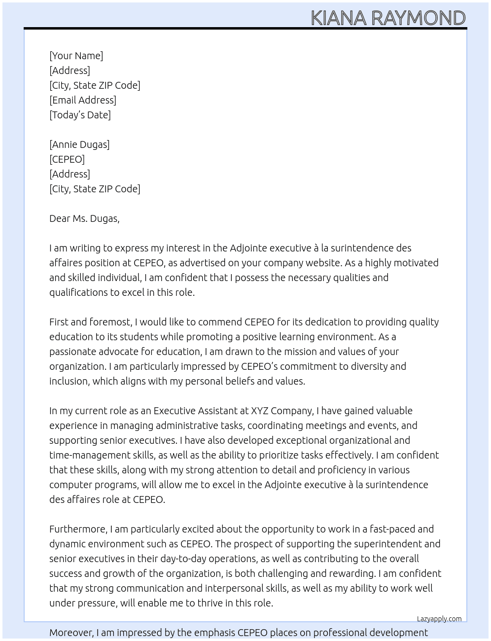 Adjointe executive à la surintendence des affaires At CEPEO Cover Letter