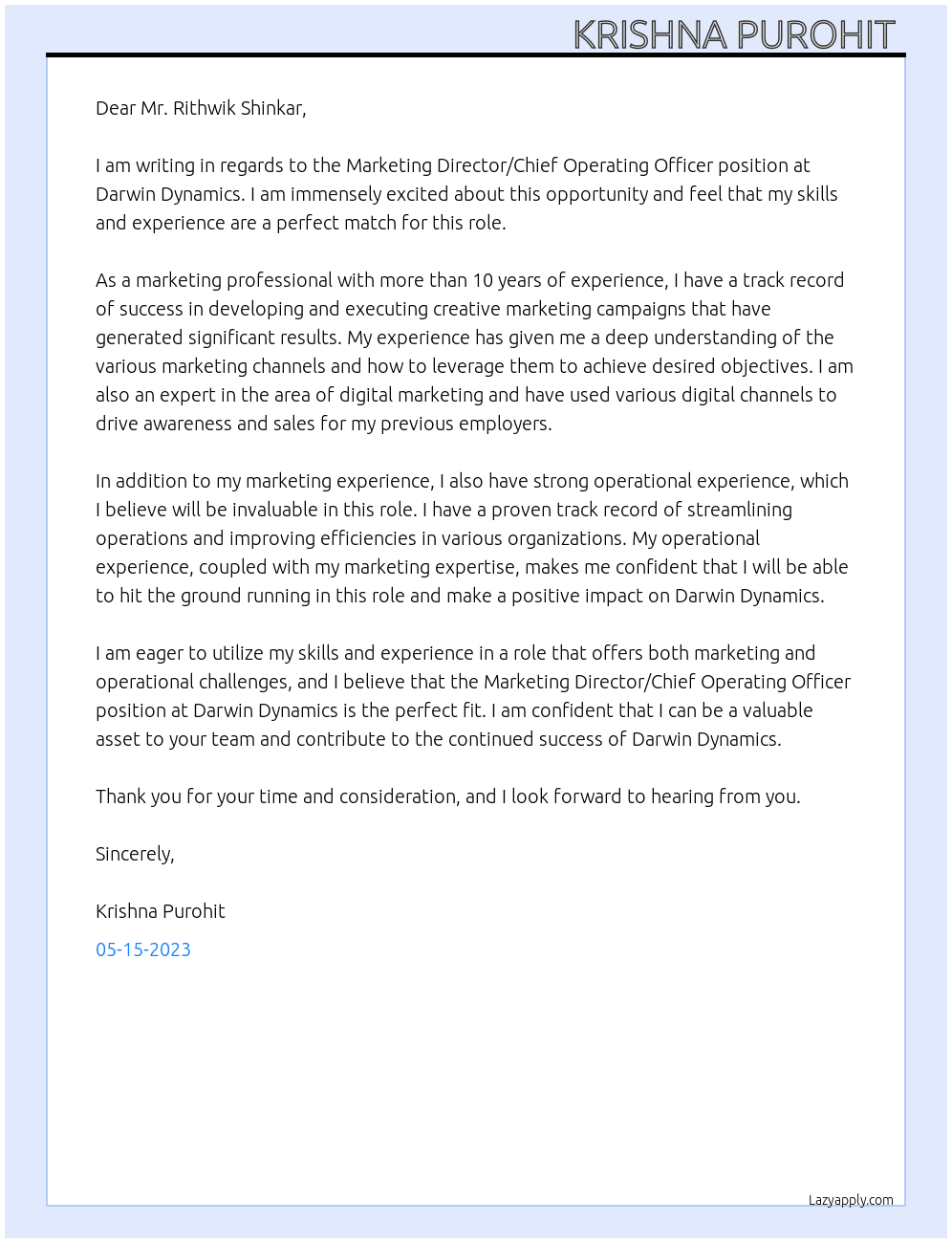 Marketing Director/Chief Operating Officer  At Darwin Dynamics Cover Letter