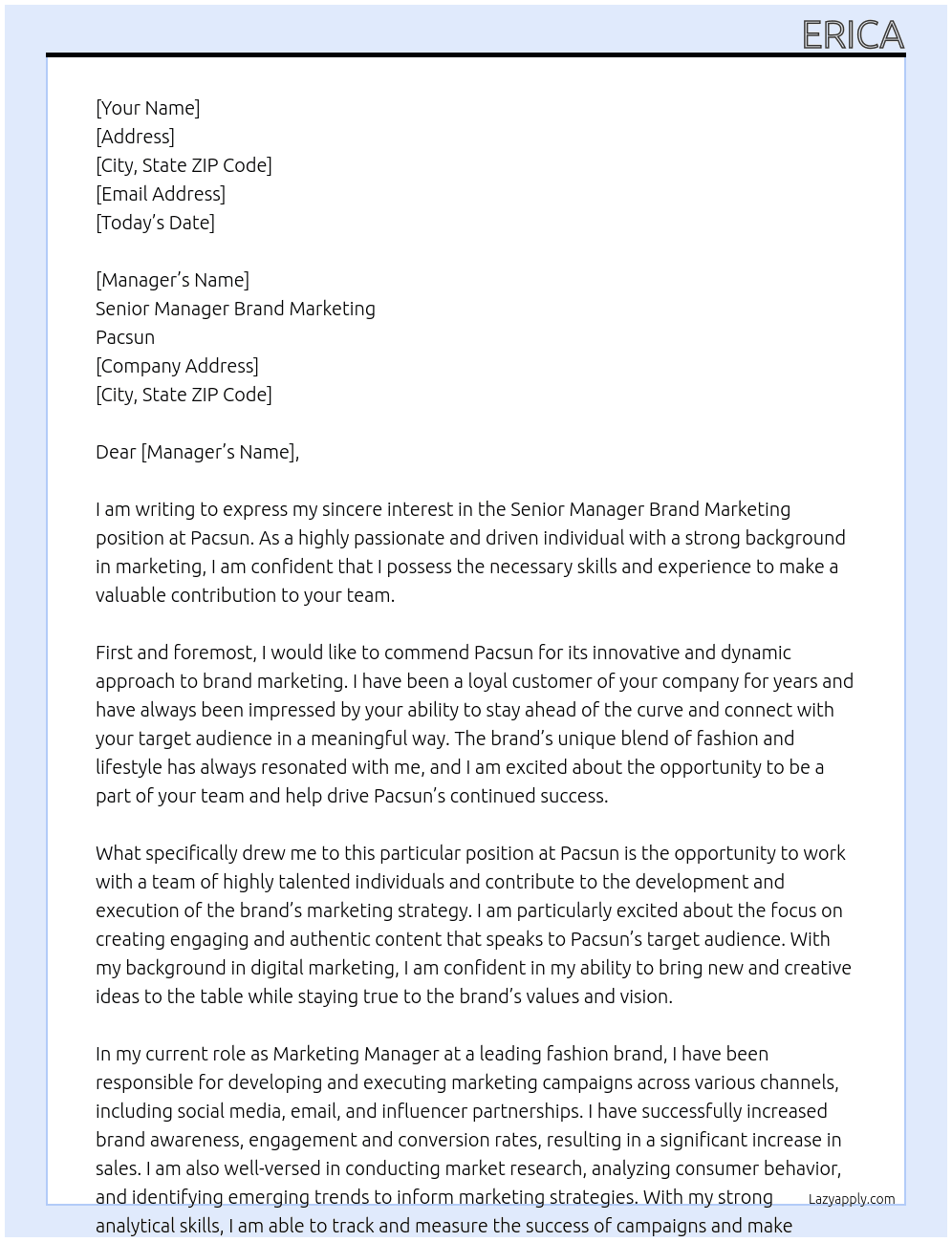 Senior Manager Brand Marketing At Pacsun Cover Letter
