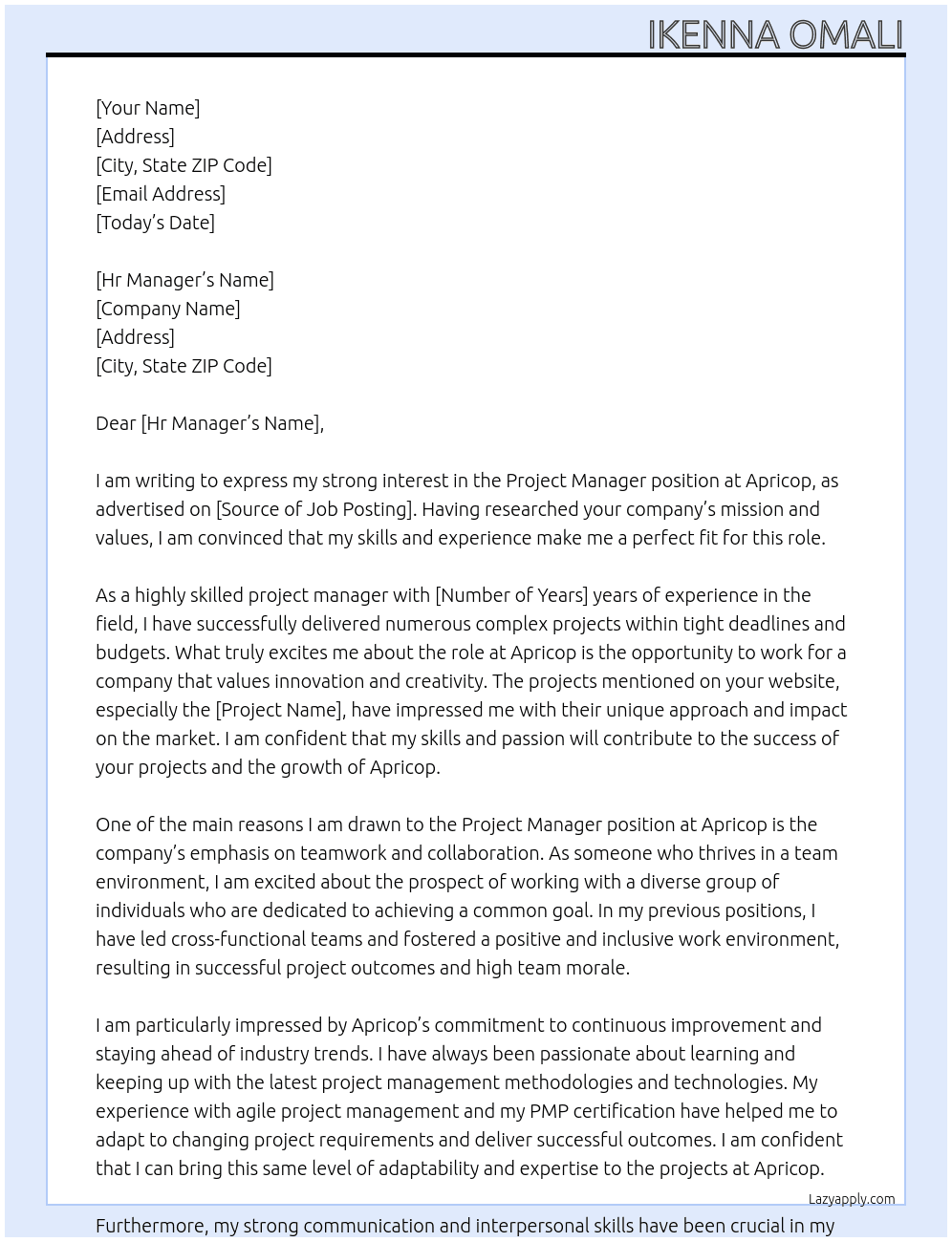 Project manager  At Apricop Cover Letter
