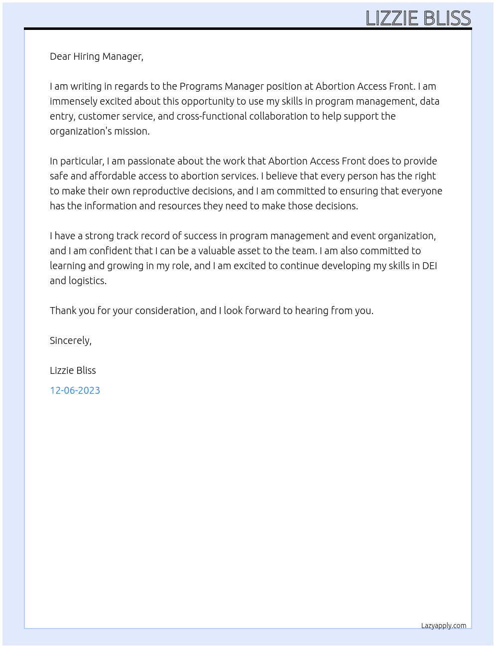 Programs Manager At Abortion Access Front Cover Letter